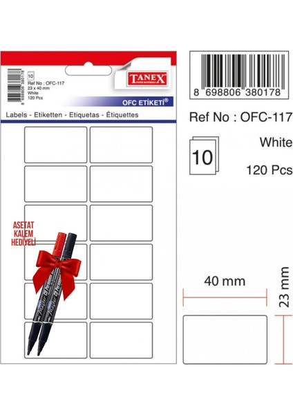 OFC-117 40X23 mm Beyaz Ofis Etiketi 10 Sayfa 2'li Asetat Ka