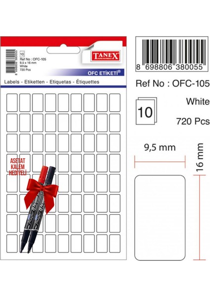 OFC-105 9X16 mm Beyaz Ofis Etiketi 10 Sayfa 2'li Asetat Kal