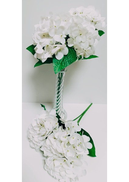 Yapay Ortanca Çiçeği Demeti Beyaz Islak Dokulu Lüx Vazo Buket Çiçeği Ev Dekoru 45 cm