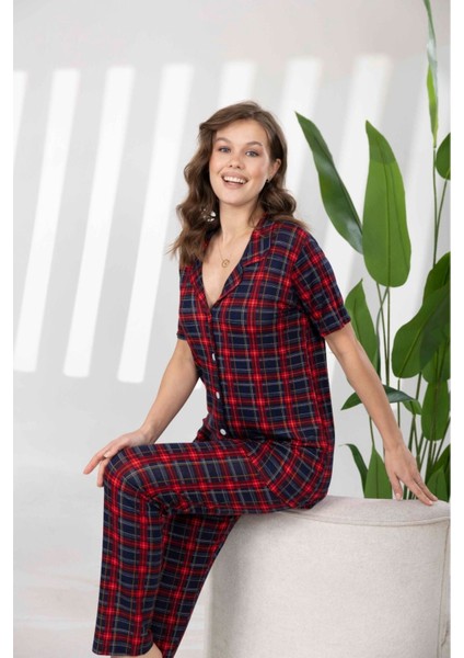 %100 Bambu Pamuklu Düğmeli Yakalı Gömlek Pijama Takımı