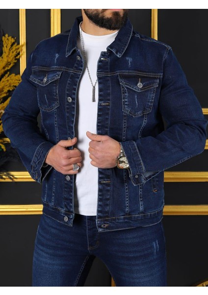 Erkek Koyu Mavi Jean Denim Standart Kalıp Pamuk Cepli Düğmeli Kot Ceket
