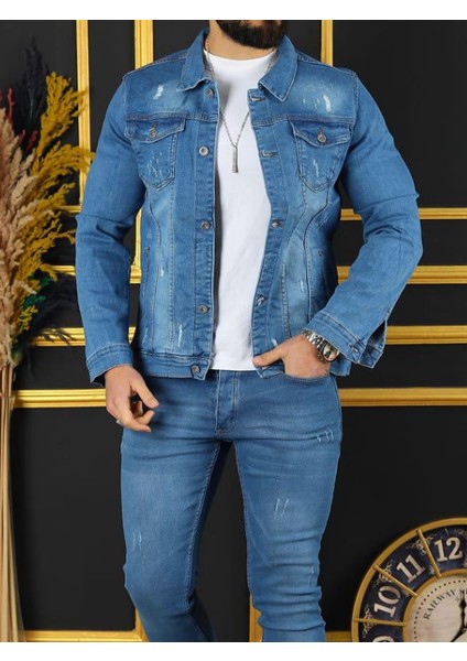 Erkek Slim Fit Denim Kot Ceket Açık Mavi Yırtıklı