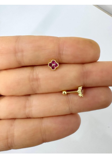 1 Adet Bordo Zirkon Taşlı Yonca Helix Tragus Flat Lobe Uyumlu Piercing