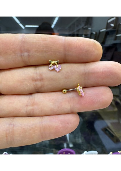 Zirkon Pembe Taşlı Tragus Helix Lobe Uyumlu Piercing Küpe 1 Adet