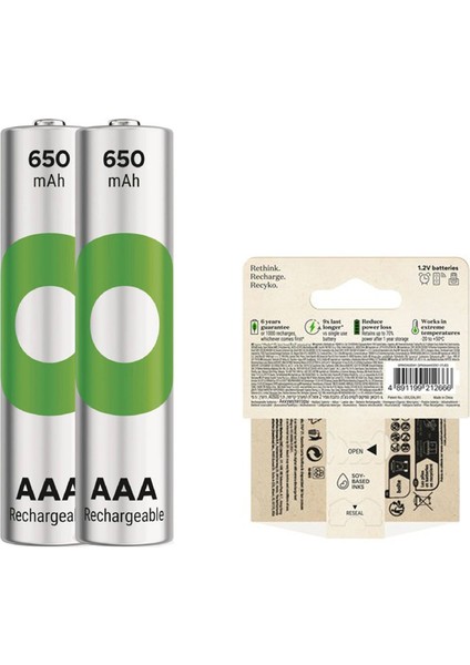 Gp Recyko 650 Mah R03 Aaa Şarjlı 2li Ince Kalem Pil GP65AAAHCE-2EB2 (GPRHCH63E000) (K0)