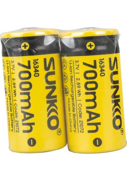 Sunkko 3.7 Volt 700 Mah 16340 Şarj Edilebilir Pil (2li Paket) (K0)