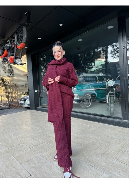 Bordo Atkılı Saç Örgü Pantolon Kazak Takım