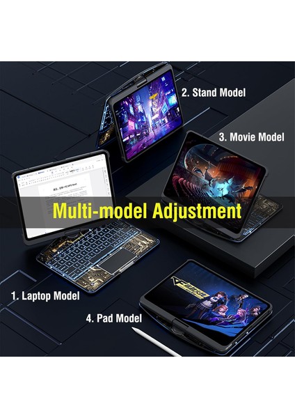 Apple iPad Pro 13 Inc M4 (2024) LED Aydınlatmalı Bluetoothlu Touchpadli 360° Dönebilen Transparent Klavyeli Kılıf A2925 A2926