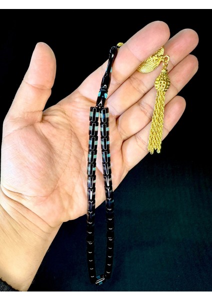 Sürmeli Uçak Camı Tesbih Turkuaz Siyah Renkli Kesme Kesim T-755