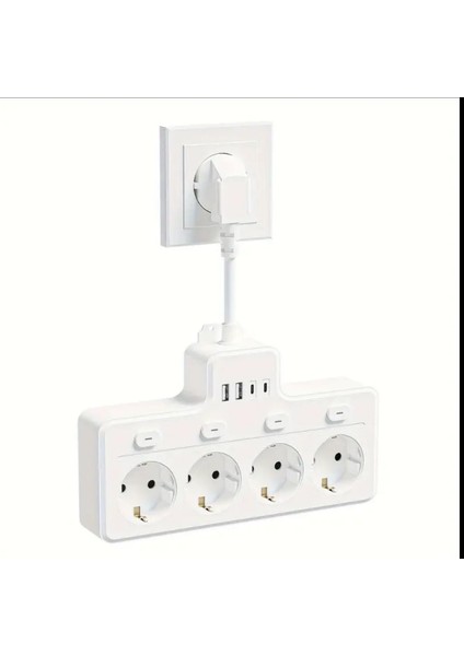 Power Strip 8’i Bir Arada Dörtlü Priz Bağımsız Anahtar 4 Soket ve 2 USB 2 Type C, max 2300 watt