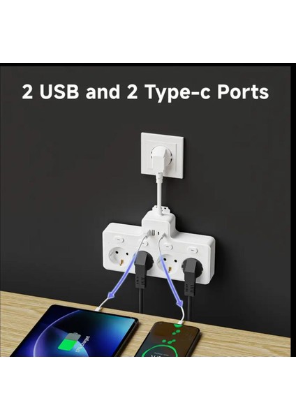 Power Strip 8’i Bir Arada Dörtlü Priz Bağımsız Anahtar 4 Soket ve 2 USB 2 Type C, max 2300 watt