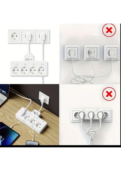 Power Strip 8’i Bir Arada Dörtlü Priz Bağımsız Anahtar 4 Soket ve 2 USB 2 Type C, max 2300 watt