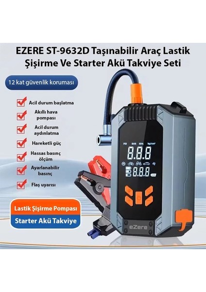 ST-9632D Taşınabilir Araç Lastik Şişirme ve Starter Akü Takviye Seti
