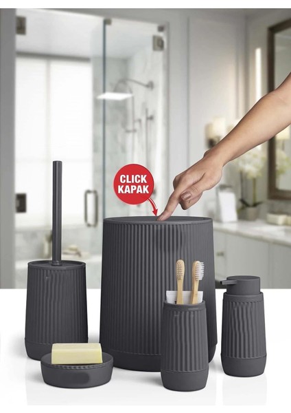 Banyo Seti Plastik Antrasit Renk 5 Parça Akıllı Çöp Kovası