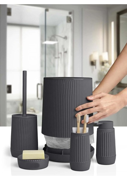 Banyo Seti Plastik Antrasit Renk 5 Parça Akıllı Çöp Kovası modelleri
