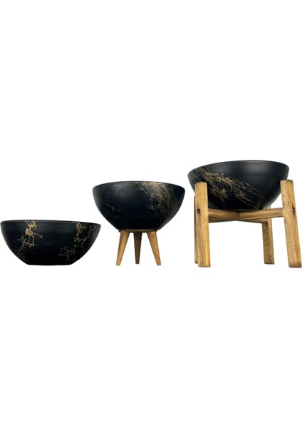 Ev Dekorasyon Siyah Üzeri Gold Mermer Efektli Aranjman Sunumluk Toprak Saksı Üçlü Set 20 Cm Çap