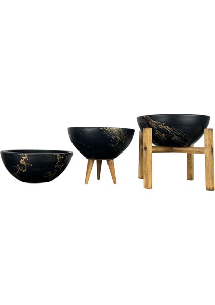 Ev Dekorasyon Siyah Üzeri Gold Mermer Efektli Aranjman Sunumluk Toprak Saksı Üçlü Set 20 Cm Çap modelleri