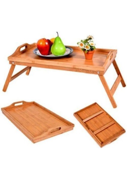 Katlanır Ayaklı Portatif Bambu Keyif Yatak Sunum Tepsisi 50x30 Cm