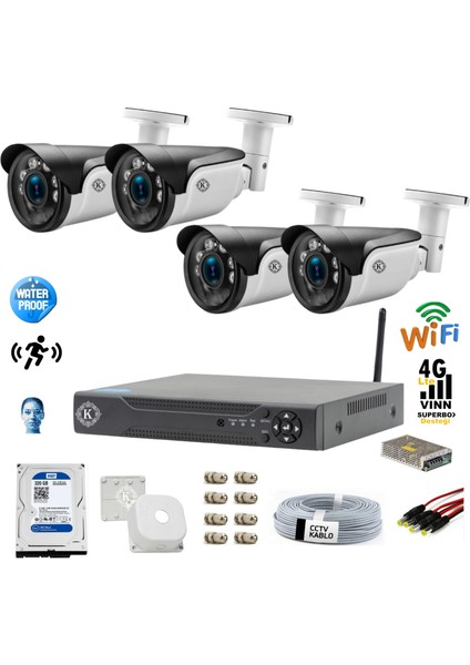 4 Kameralı 5mp Lensli 1080P Fullhd Kamera Seti - Gece Görüşlü - Su Geçirmez – 1670