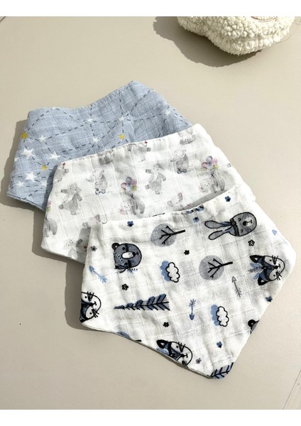 - Bebek Mama Önlüğü, 2 Katlı Muslin, 3 lü Set Erkek Bebek