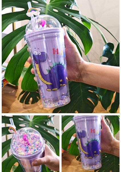 Sevimli Dino Temalı Çift Katman 450 ml Suluk Pipetli Mika Matara Mor 2769