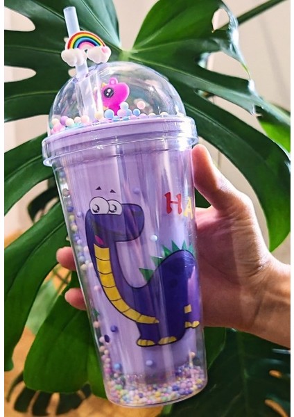 Sevimli Dino Temalı Çift Katman 450 ml Suluk Pipetli Mika Matara Mor 2769