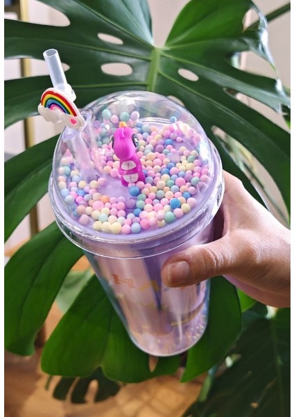 Sevimli Dino Temalı Çift Katman 450 ml Suluk Pipetli Mika Matara Mor 2769