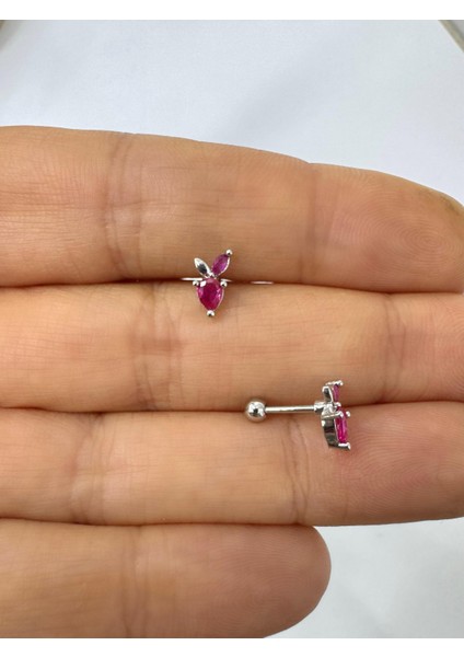 1 Adet Bordo Zirkon Taşlı Helix Tragus Flat Lobe Uyumlu Piercing