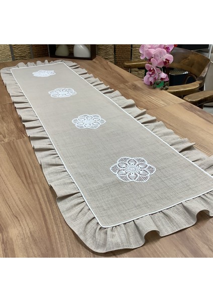 El Örme Dantel Aplikeli Vizon Rengi Zemin Runner-45*150 cm