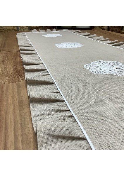 El Örme Dantel Aplikeli Vizon Rengi Zemin Runner-45*150 cm
