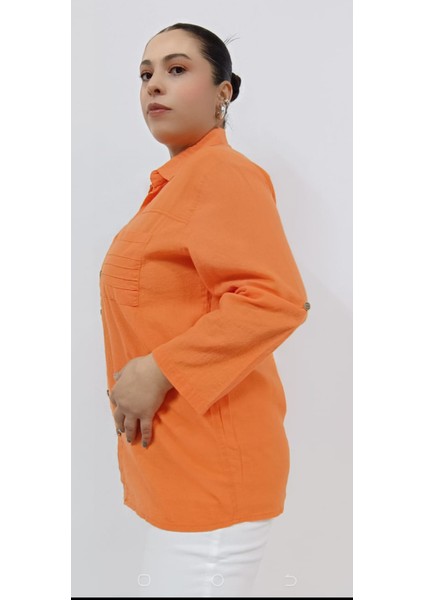 Büyük Beden Pamuk Keten Çift Cepli Yakalı Katlanabilir Kollu Gömlek fiyatları