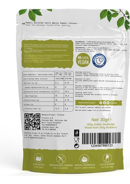 Dondurularak Kurutulmuş Dut 25 gr, Vegan, Glutensiz Kurutulmuş Meyveler indirimleri