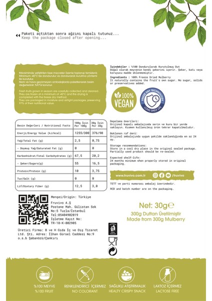 Dondurularak Kurutulmuş Dut 25 gr, Vegan, Glutensiz Kurutulmuş Meyveler