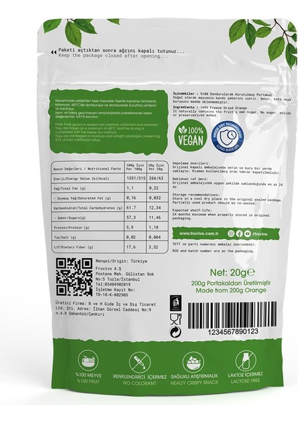 Dondurularak Kurutulmuş Portakal 20 gr, Vegan, Glutensiz Kurutulmuş Meyveler