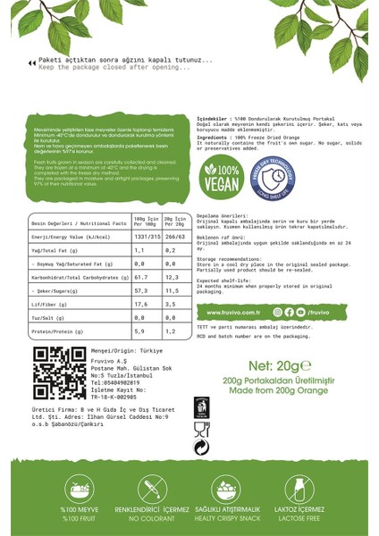 Dondurularak Kurutulmuş Portakal 20 gr, Vegan, Glutensiz Kurutulmuş Meyveler