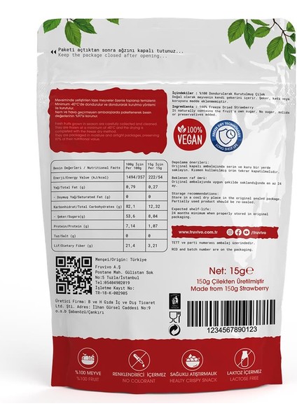 Dondurularak Kurutulmuş Çilek, 15 gr Vegan, Glutensiz Kurutulmuş Meyveler