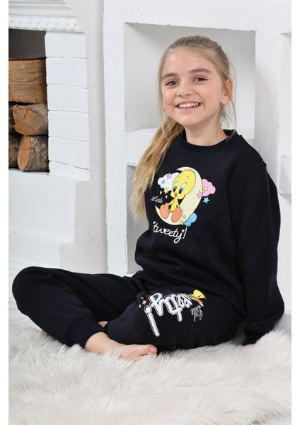 6182 Kız Çocuk Twety Baskılı Uzun Kol Pijama Takımı
