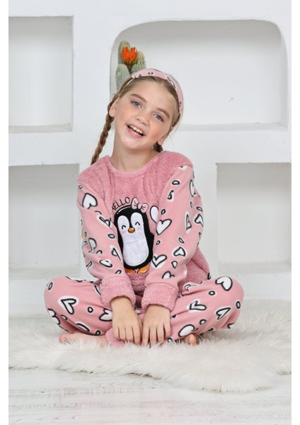4993 Kız Çocuk Penguenli Polar Uzun Kol Pijama Takımı