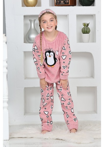 4993 Kız Çocuk Penguenli Polar Uzun Kol Pijama Takımı modelleri