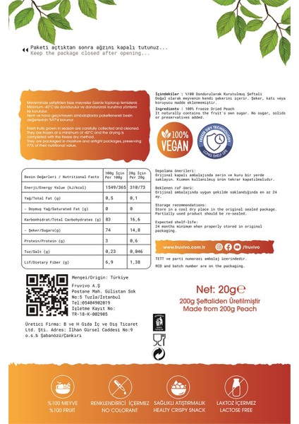 Dondurularak Kurutulmuş Şeftali 15 gr, Vegan, Glutensiz Kurutulmuş Meyveler