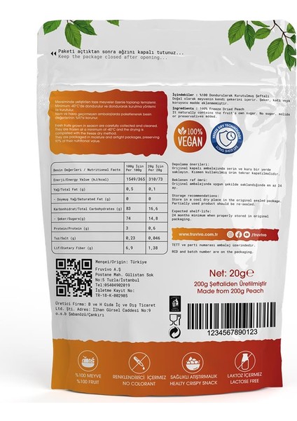 Dondurularak Kurutulmuş Şeftali 15 gr, Vegan, Glutensiz Kurutulmuş Meyveler