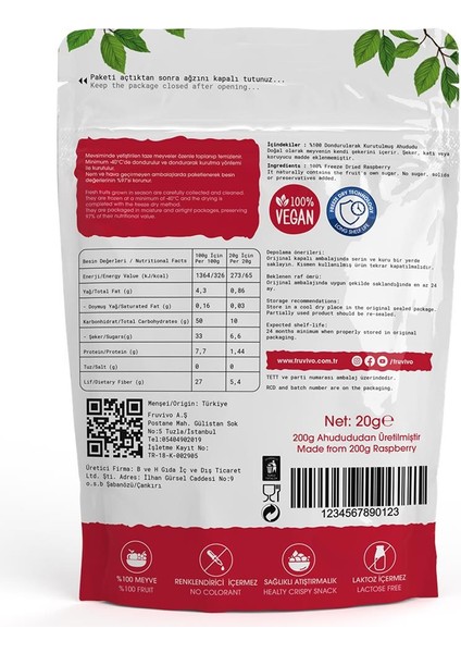 Dondurularak Kurutulmuş Ahududu 20 gr, Vegan, Glutensiz Kurutulmuş Meyveler indirimleri