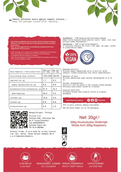Dondurularak Kurutulmuş Ahududu 20 gr, Vegan, Glutensiz Kurutulmuş Meyveler