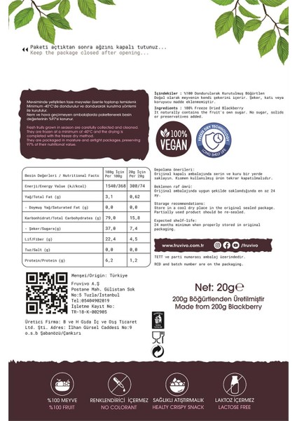Dondurularak Kurutulmuş Böğürtlen 20 gr, Vegan, Glutensiz Kurutulmuş Meyveler