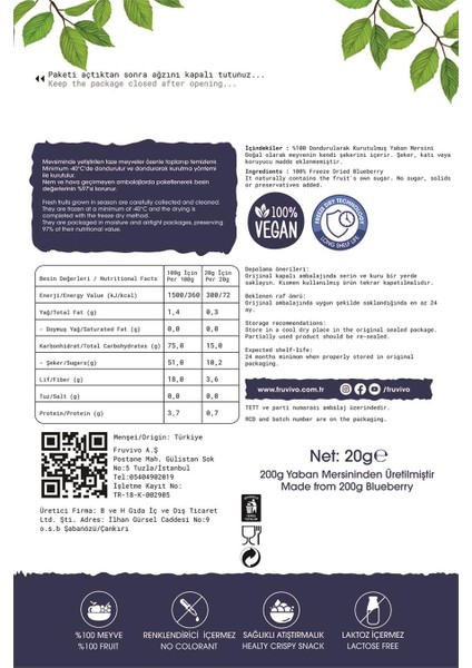 Dondurularak Kurutulmuş Yaban Mersini 20 gr, Vegan, Glutensiz Kurutulmuş Meyveler