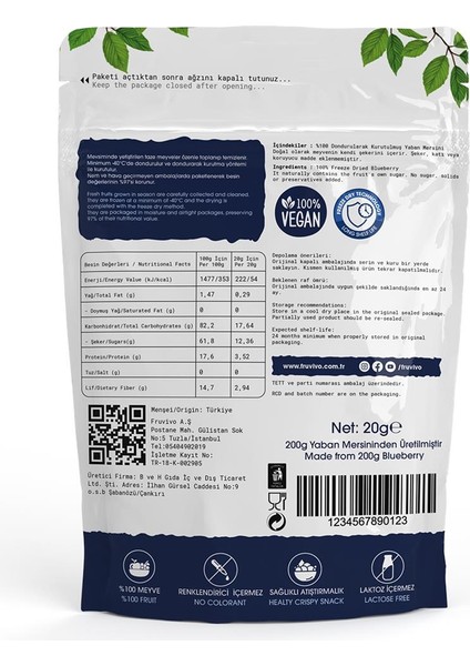 Dondurularak Kurutulmuş Yaban Mersini 20 gr, Vegan, Glutensiz Kurutulmuş Meyveler