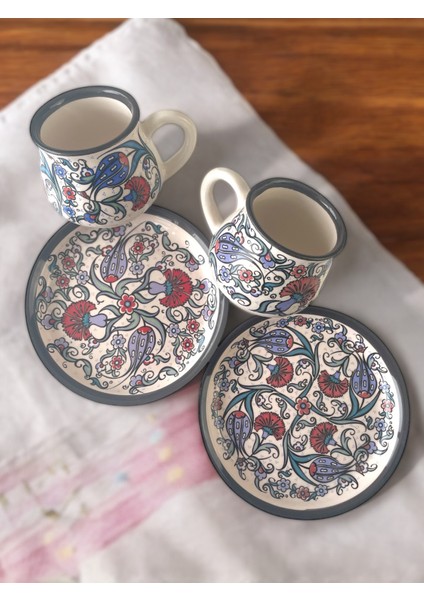 Dekoratif Çini Tasarım, Lale Ve Karanfil Işlemeli Çay Kahve Fincanı Seti 2 Kişilik