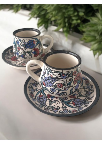 Dekoratif Çini Tasarım, Lale Ve Karanfil Işlemeli Çay Kahve Fincanı Seti 2 Kişilik