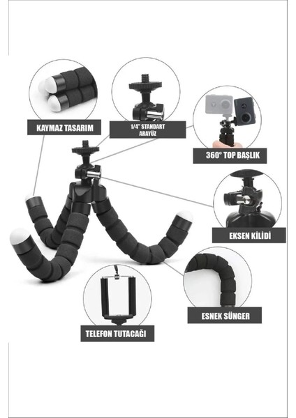 Masa Üzeri Küçük Telefon Sabitleyici Ahtapot Tripot Sünger Kaydırmaz