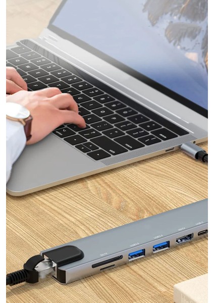 Type C Den 8 Girişe Dönüştüren Laptop Için RJ45 Lan Usb-C USB 3.0 Hdtv Pd Usb/c Sd Tf Çevirici Sw-81